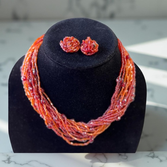 Seed Bead  Orange necklace and earrings - multi strand New Boutique - Picture 5 of 8